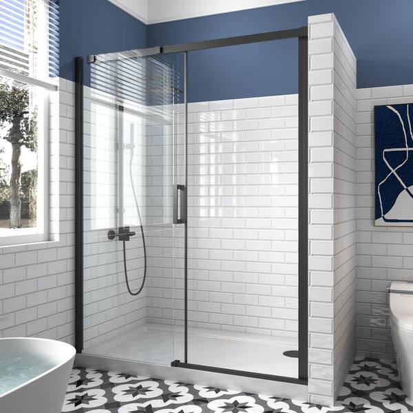 56-60 in. W x 74 in. H Sliding Semi Frameless Shower Door in Matte Black with 5/16 in. (8 mm) Tempered Clear Glass