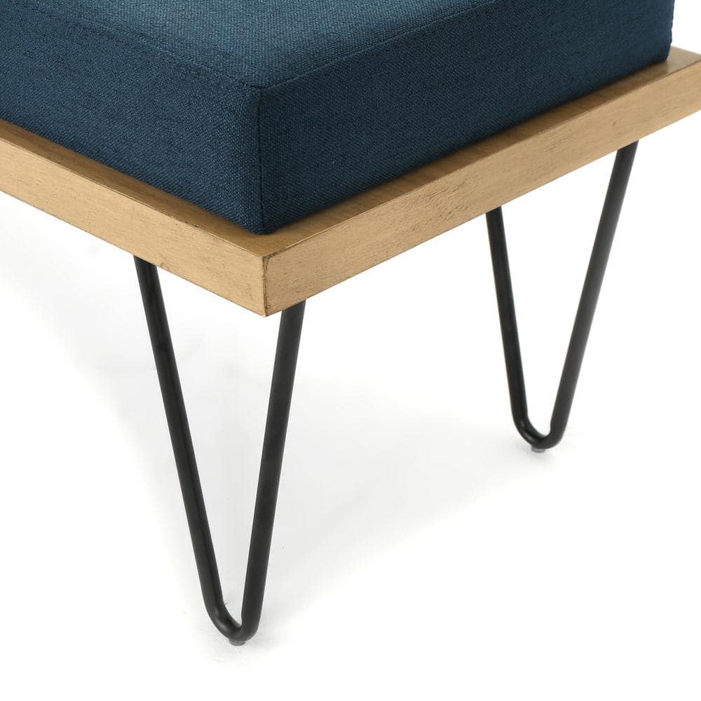 Elaina Navy Blue Upholstered Bench with Faux Pine Veneer and Iron Legs