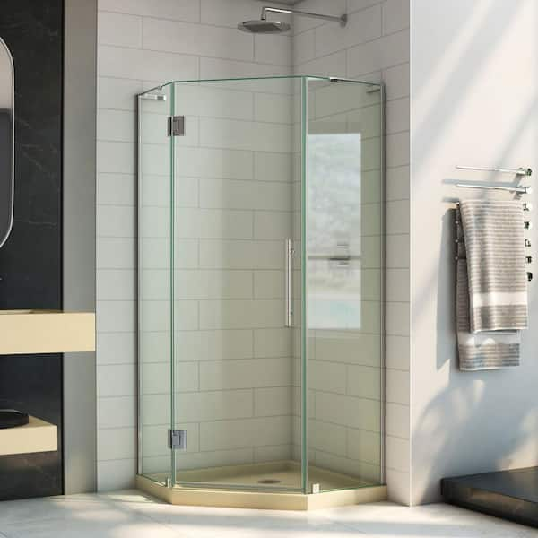 DreamLine Prism Plus 38 in. x 38 in. x 74.75 in. Semi-Frameless Neo-Angle Hinged Shower Enclosure in Chrome with Shower Base