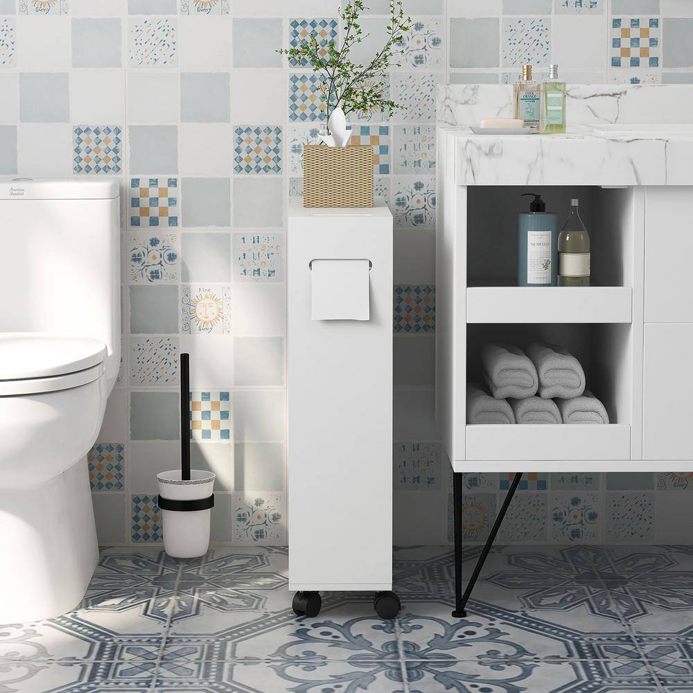 White Slim Bathroom Cabinet with Adjustable Shelving and Wheels
