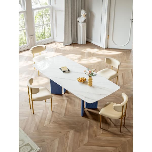 Rectangle White Snow Mountain Stone Top 70.86 in. Stainless Steel Braided Leather Double Pedestal Dining Table (8-Seats)