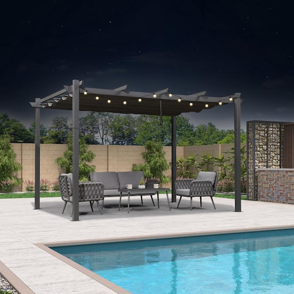PURPLE LEAF 11 ft. x 13 ft. Gray Aluminum Frame Outdoor Patio Pergola with Gray Retractable Sun Shade Canopy and String Lights