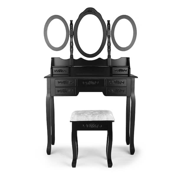 CIPACHO 7-Drawer Black Dresser with Round Mirrored and Stool (H 57.87 x W 15.75 x D 35) in.