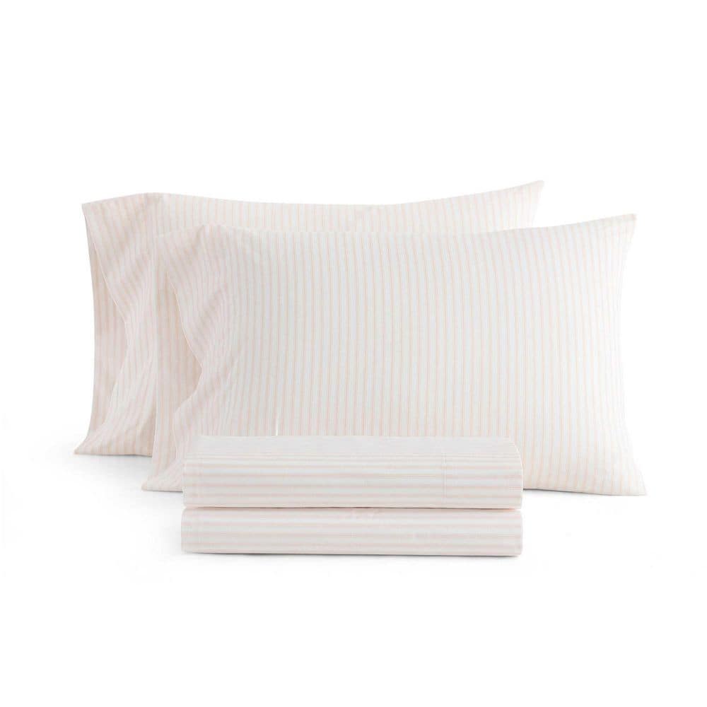 Ms Core Ticking Stripe 3-Piece White/Pearl Peach Percale Cotton Twin Sheet Set price history on PriceWatchPro