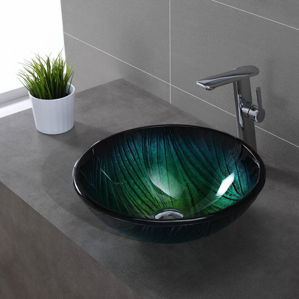 Nei Green Tempered Glass Circular Vessel Sink, 17 inch