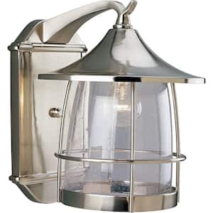 Prairie Collection 1-Light Brushed Nickel Clear Seeded Glass Craftsman Outdoor Large Wall Lantern Light