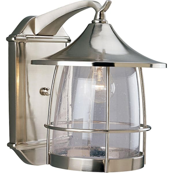 Progress Lighting Prairie Collection 1-Light Brushed Nickel Clear Seeded Glass Craftsman Outdoor Large Wall Lantern Light