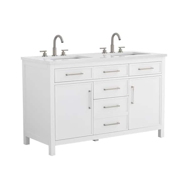 Cooper 54 in. W Bath Vanity in White with Engineered Stone Top in Ariston White with White Sinks
