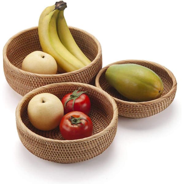 3-Piece Stackable Hand Woven Natural Rattan Storage Baskets Multi Purpose Fruit Bowls for Kitchen Set