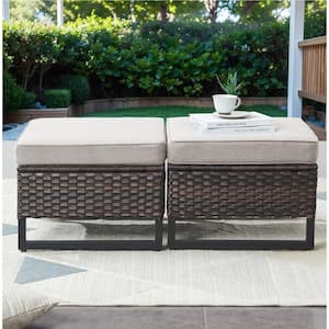 2-Pack Brown Wicker Outdoor Ottoman Steel Frame Footstool with Removable Beige Cushions