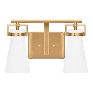 Clermont 14.75 in. 2-Light Satin Brass Bathroom Vanity Light with Milk Glass Shades