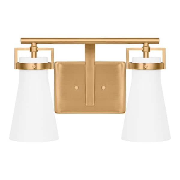 Clermont 14.75 in. 2-Light Satin Brass Bathroom Vanity Light with Milk Glass Shades