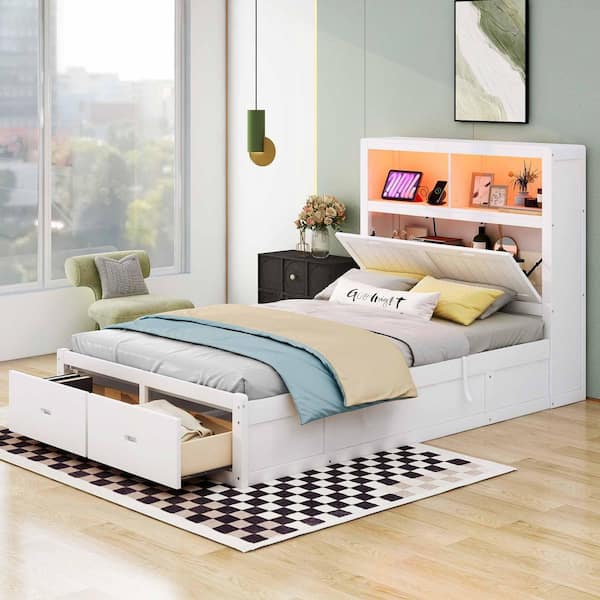 White Wood Frame Full Size Platform Bed with Storage LED Headboard,Charging Station and 2 Drawers