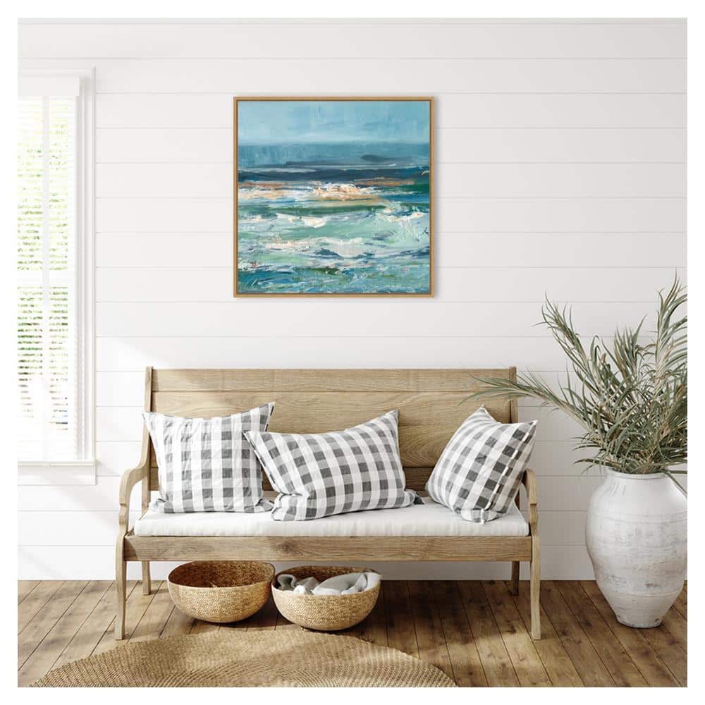 Pacific Whitecaps II Coastal Abstract Canvas Wall Art with Maple Frame