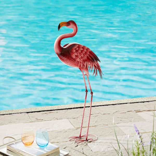Glitzhome 35.25 in. H Metal Standing Flamingo Garden Statue with