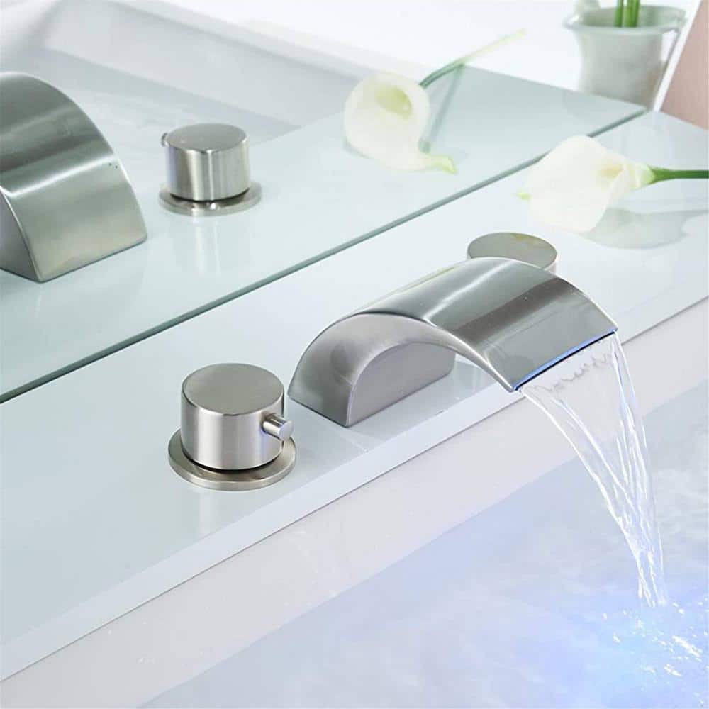 Brushed Nickel LED Waterfall Widespread Bathroom Faucet