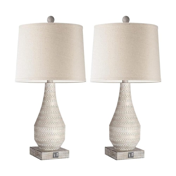 23 in. Farmhouse Resin Table Lamp Set of 2 Bedside Touch Lamp with USB C and A Ports White Shade with LED Bulb