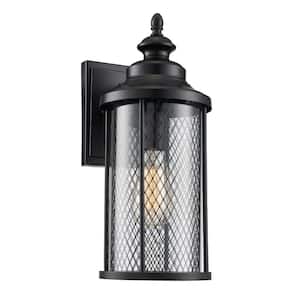 Stewart 16 in. 1-Light Black Outdoor Wall Light Fixture with Mesh Frame and Clear Glass