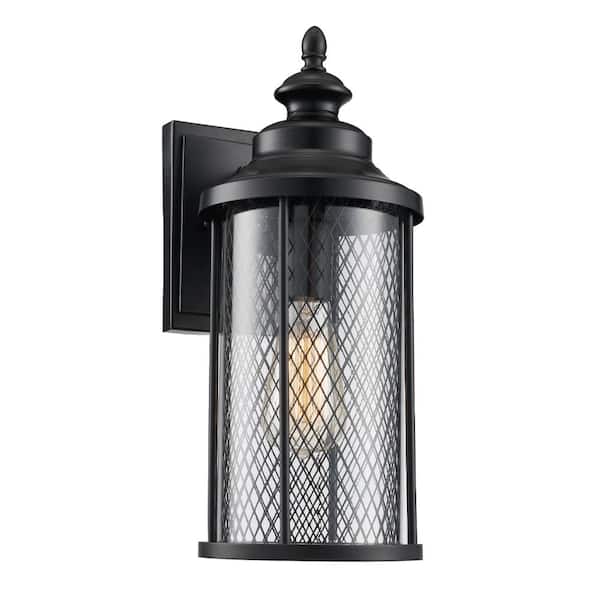 Bel Air Lighting Stewart 16 in. 1-Light Black Outdoor Wall Light Fixture with Mesh Frame and Clear Glass
