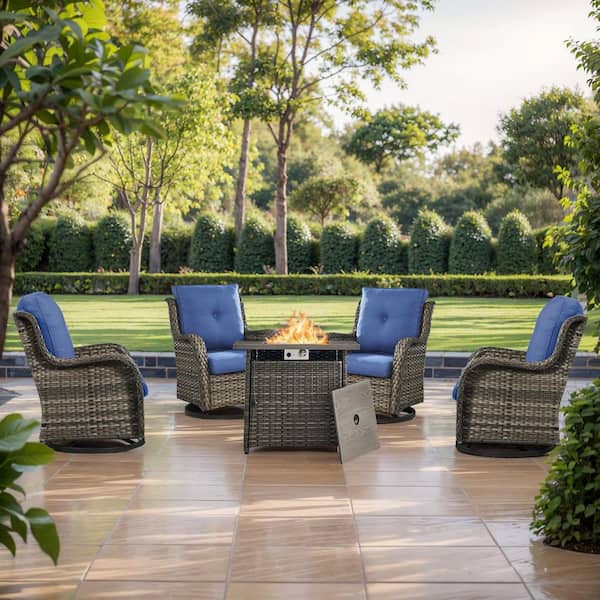 moosprr Gray 5-Piece Wicker Outdoor Dining Set with Olefin Blue Cushions Fire Pit Sets with Swivel Gliders for Patio