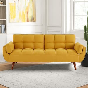 33 in. Yellow Linen Twin Size Futon Sofa Bed, Convertible Couch Sleeper with Reclining Split Tufted Back
