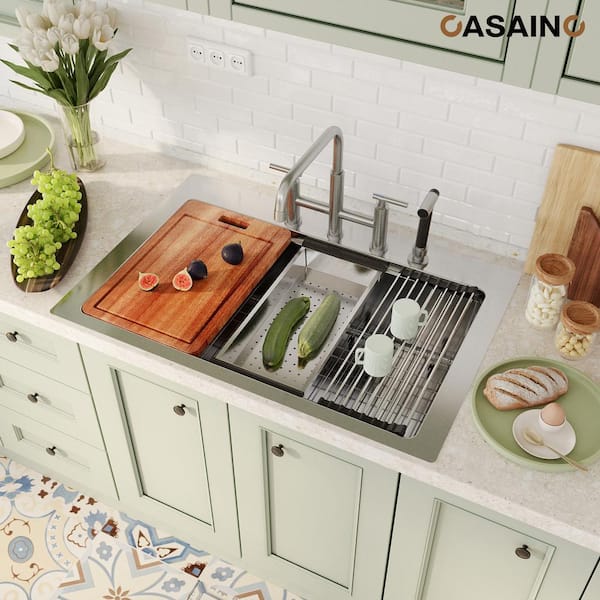 33 in. Drop-in 4-Hole Single Bowl Brushed Stainless Steel Workstation Kitchen Sink with Accessories, cUPC Certified