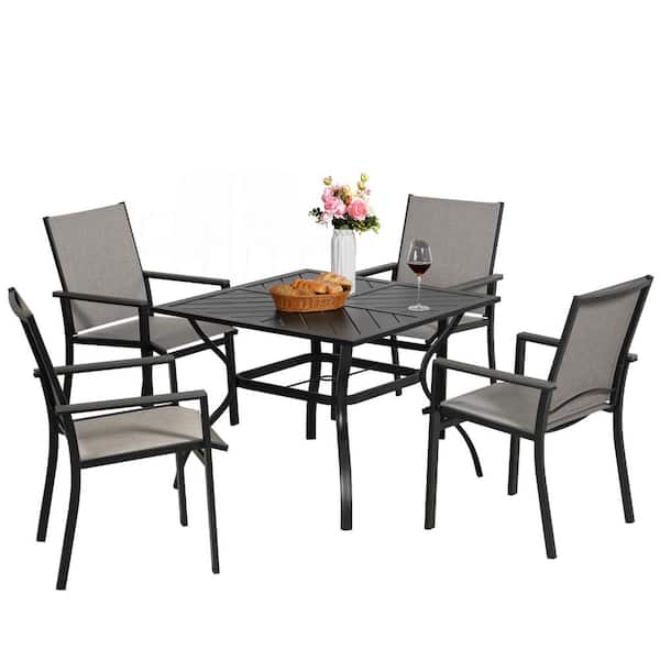 MEOOEM Outdoor 5-piece Metal Patio Dining Set 4 Bistro Chairs and Square Dining Table with 2.25 inch Umbrella Hole