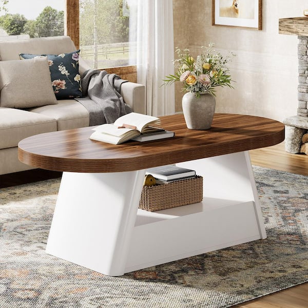 Kerlin 47 in. Brown and White Oval Wood Coffee Table w/ Storage Shelf Modern 2-Tier Accent Center Tables for Living Room