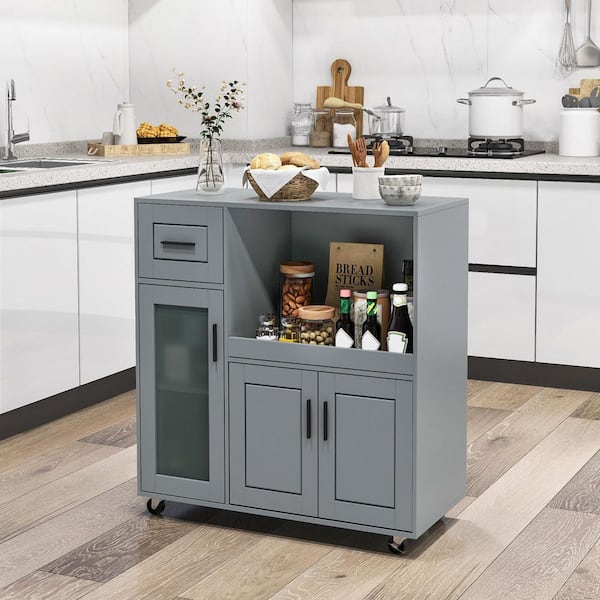 Gray Wood 35 in. Kitchen Island Cart on Wheels Microwave Cabinet w/ Frosted Tempered Glass Door