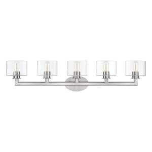 Bernardino 44 in. 5-Light Brushed Nickel Vanity Light with Mouth Blown Clear Glass