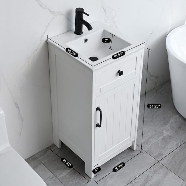 16 in. W Single Integral Sink Freestanding Bath Vanity in White with White Ceramic Top
