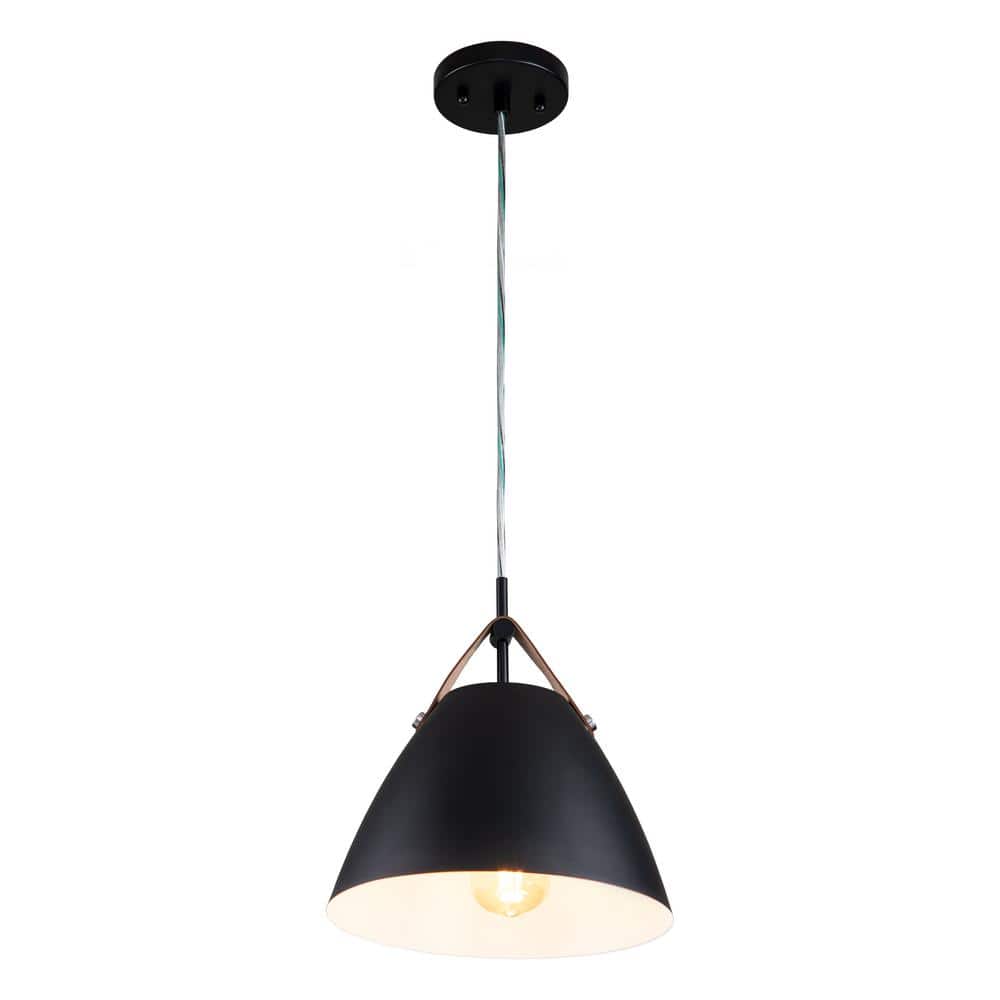 Modern 10.75" Black Aluminum Dome Pendant with Leather Strap