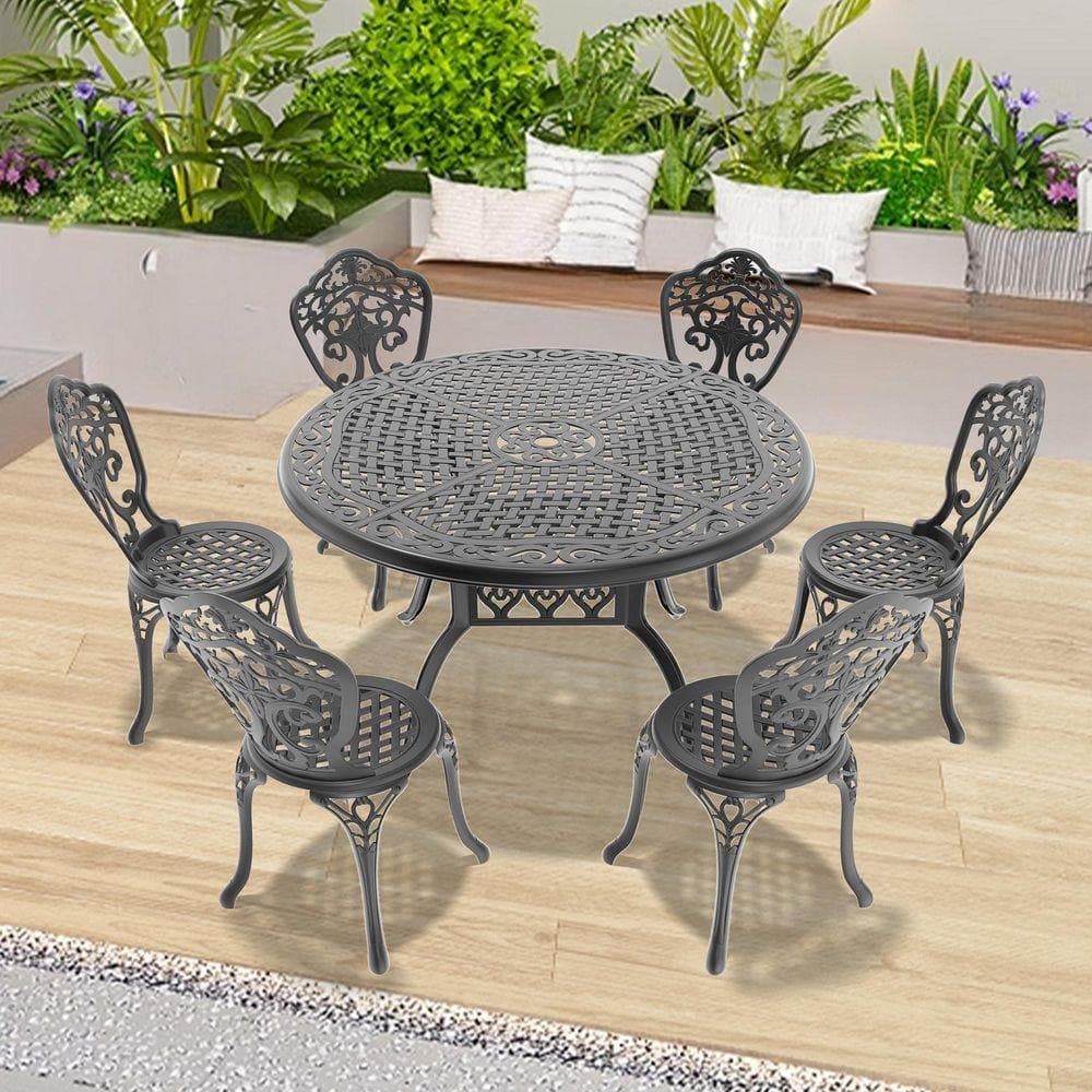 ウジ　食器セット VAMOP Black 7-Piece Cast Aluminum Round Outdoor Dining Set with
