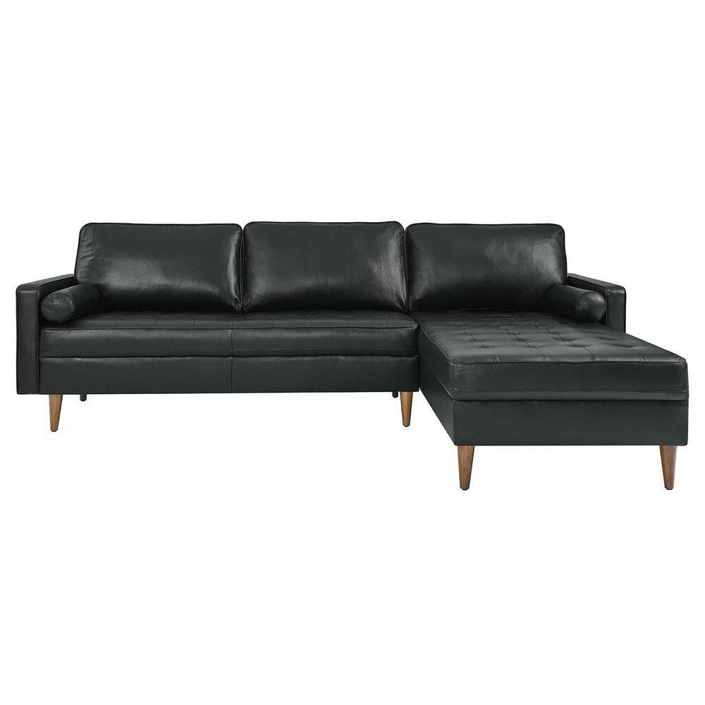Valour Black Tufted Faux Leather Sectional Sofa with Wood Legs