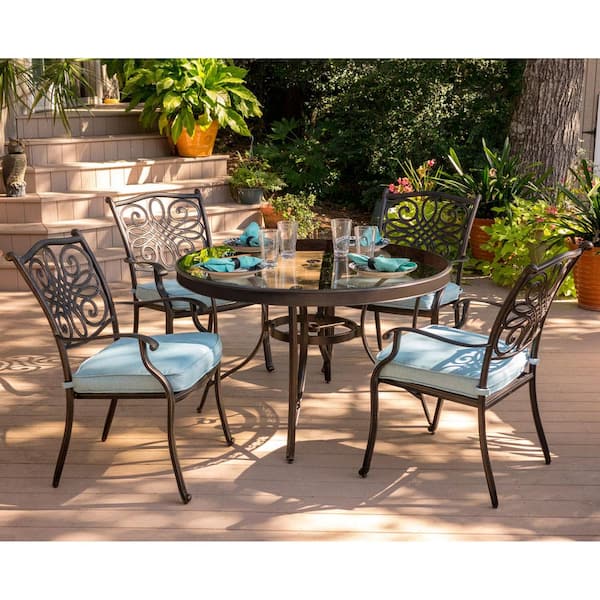 Hanover Traditions 5-Piece Aluminum Outdoor Dining Set with Round Glass-Top Table with Blue Cushions