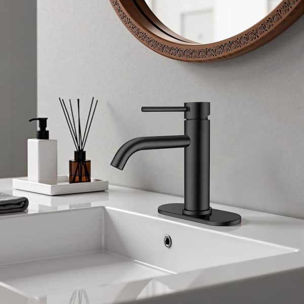 Single Handle Mid-Arc Bathroom Faucet with Deckplate and Pop-Up Drain in Black