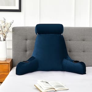 Jumbo Bed Rest Pillow with Neck Support and Cup Holders, Navy Blue