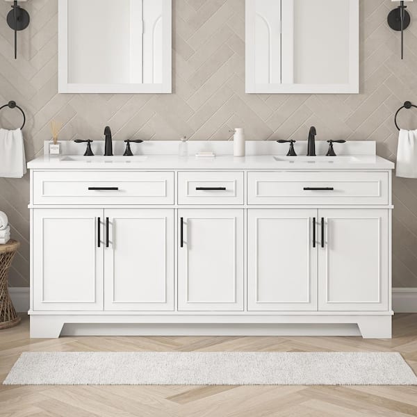 OVE Decors Emery 72 in. W x 22 in. D x 34 in. H Double Sink Bath Vanity in White with White Engineered Stone Top