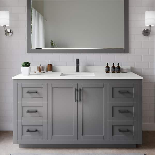 Wyndham Collection Miranda 60 in. W x 22 in. D x 33.75 in. H Single Bath Vanity in Dark Gray with White Quartz Top and 58 in. Mirror