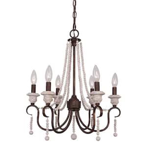 6-Light Modern Farmhouse Rustic Wood Bead Chandelier with Antique Finish