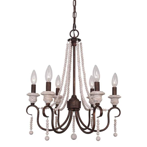 Oaks Aura Cavinati Modern Farmhouse Bohemia 6-Light Rustic Wood Beaded Chandelier With Adjustable Chain
