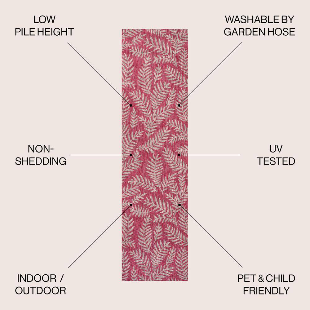 Fuchsia and Light Gray Palm Frond Synthetic Runner Rug, 2'-2" x 8'