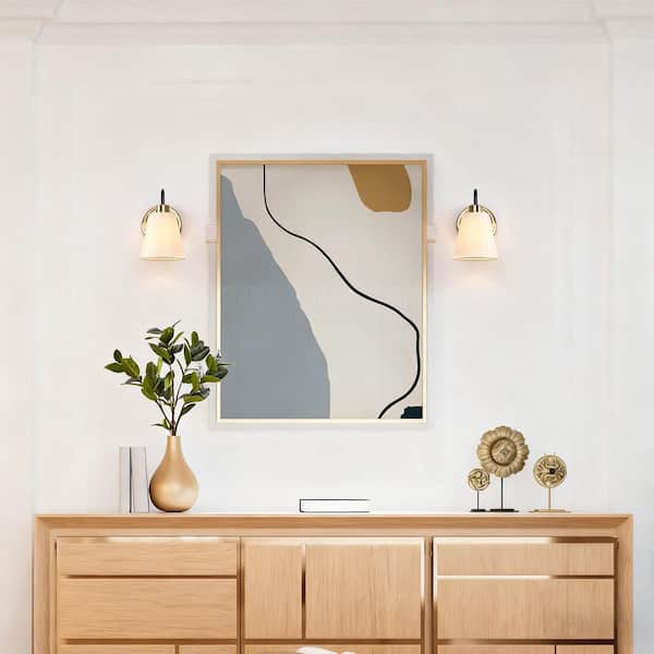 Modern Classic 1-Light Plated Brass and Black Wall Sconce with White Cone Fabric Shade