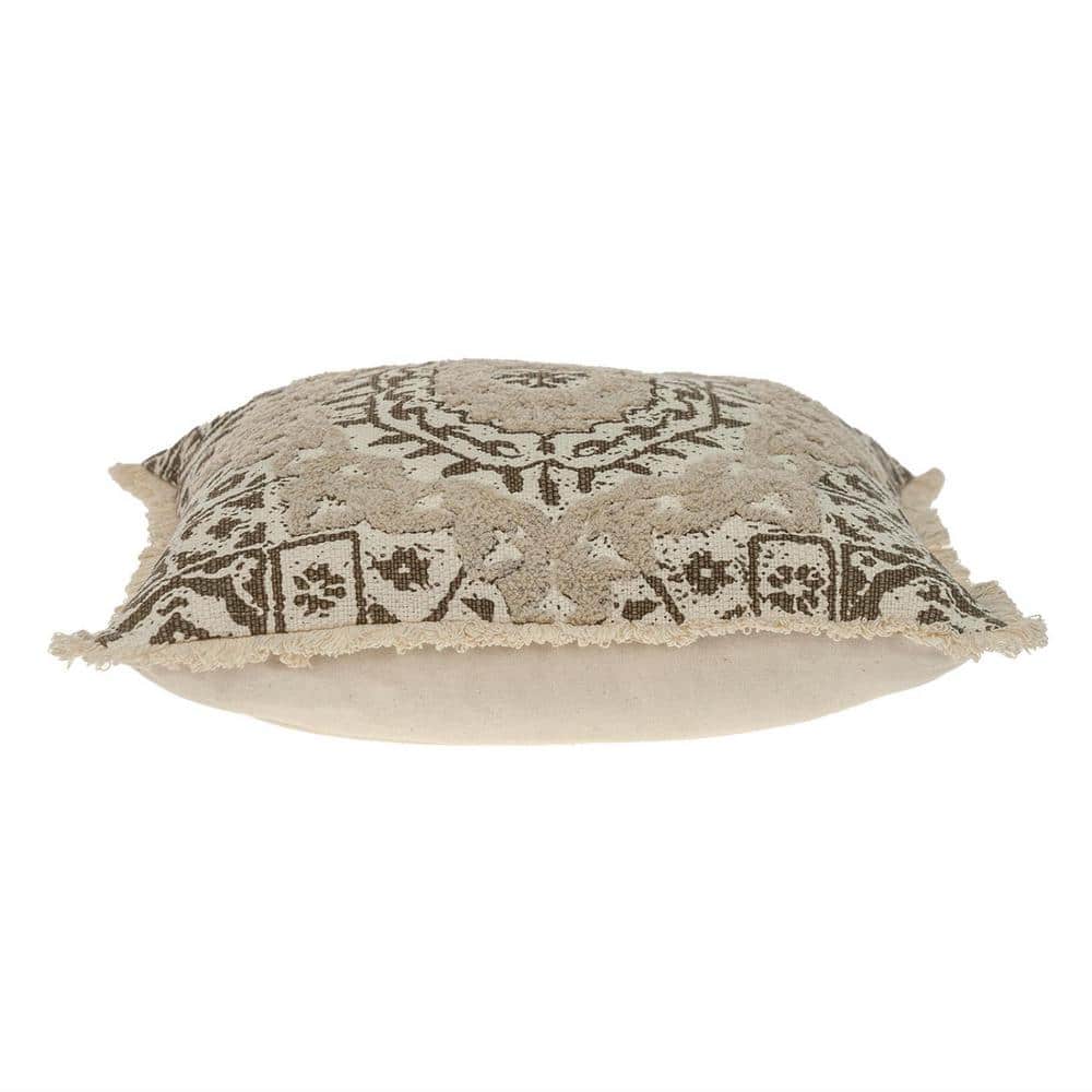 Beige Embroidered Square Cotton Throw Pillow 18" x 18"