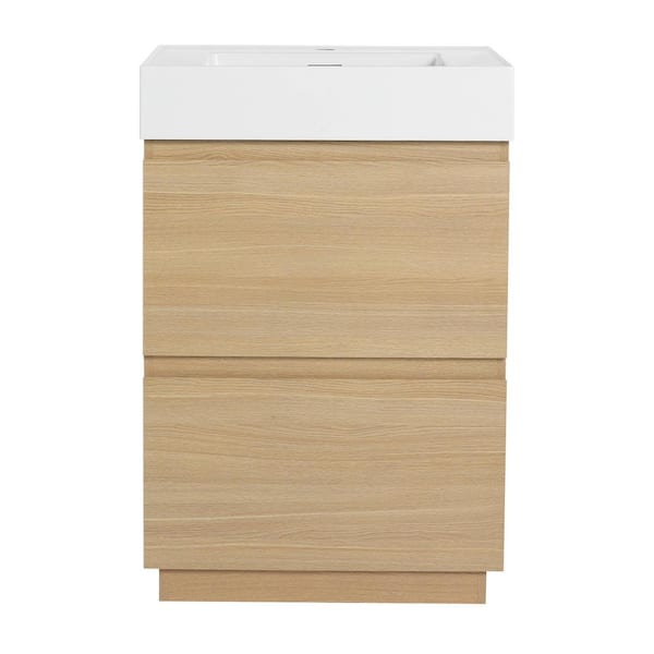 24 in. Single Sink Freestanding Oak Bath Vanity with White Resin Top, Double Drawer, Engineering Wood