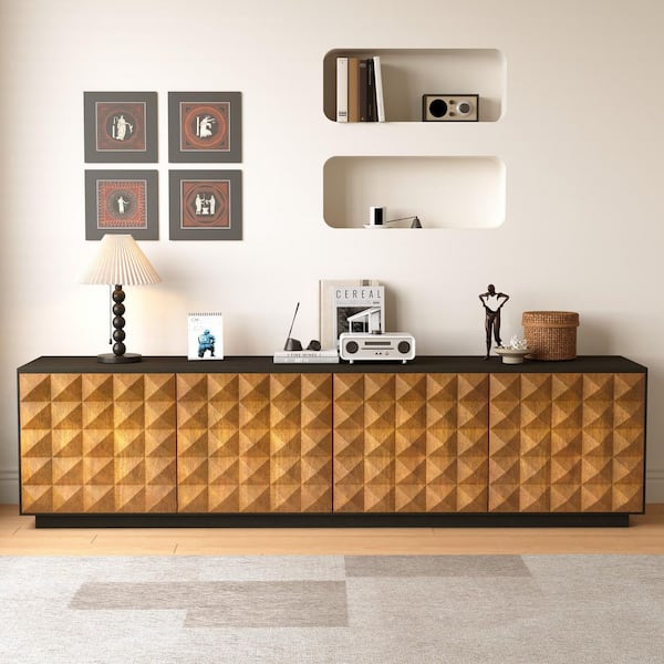 87.79 In. Modern TV Stand with Push to Open Doors 3 Position Adjustable Shelves for TVs up to 90 In. brown/black