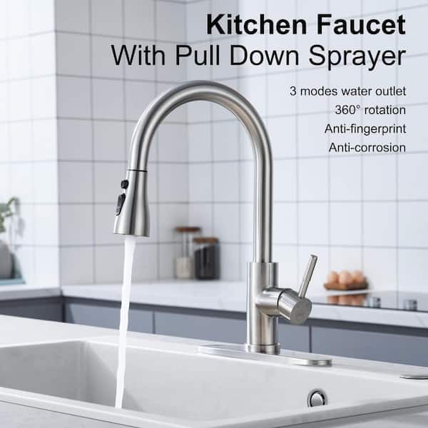 Single Handle Pull Down Sprayer Kitchen Faucet High Arc Stainless Steel Faucet with Glass Rinser in Brushed Nickel
