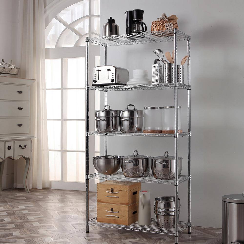 Chrome 5-Tier Adjustable Steel Utility Shelving Unit