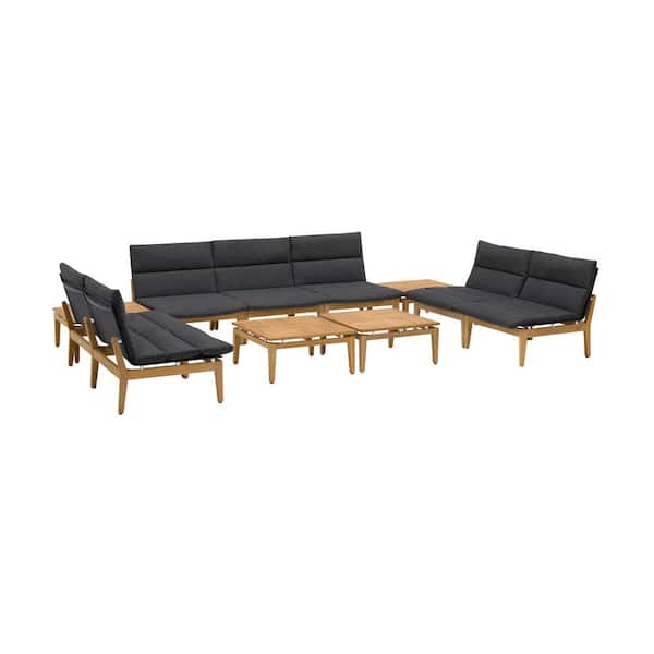 Armen Living Arno Outdoor 11 Piece Teak Wood Seating Set in Charcoal Olefin