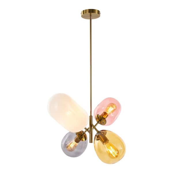 OUKANING 4-Light Gold Modern Chandelier with Colorful Glass Shade for Kitchen Island Dining Room, No Bulbs Included